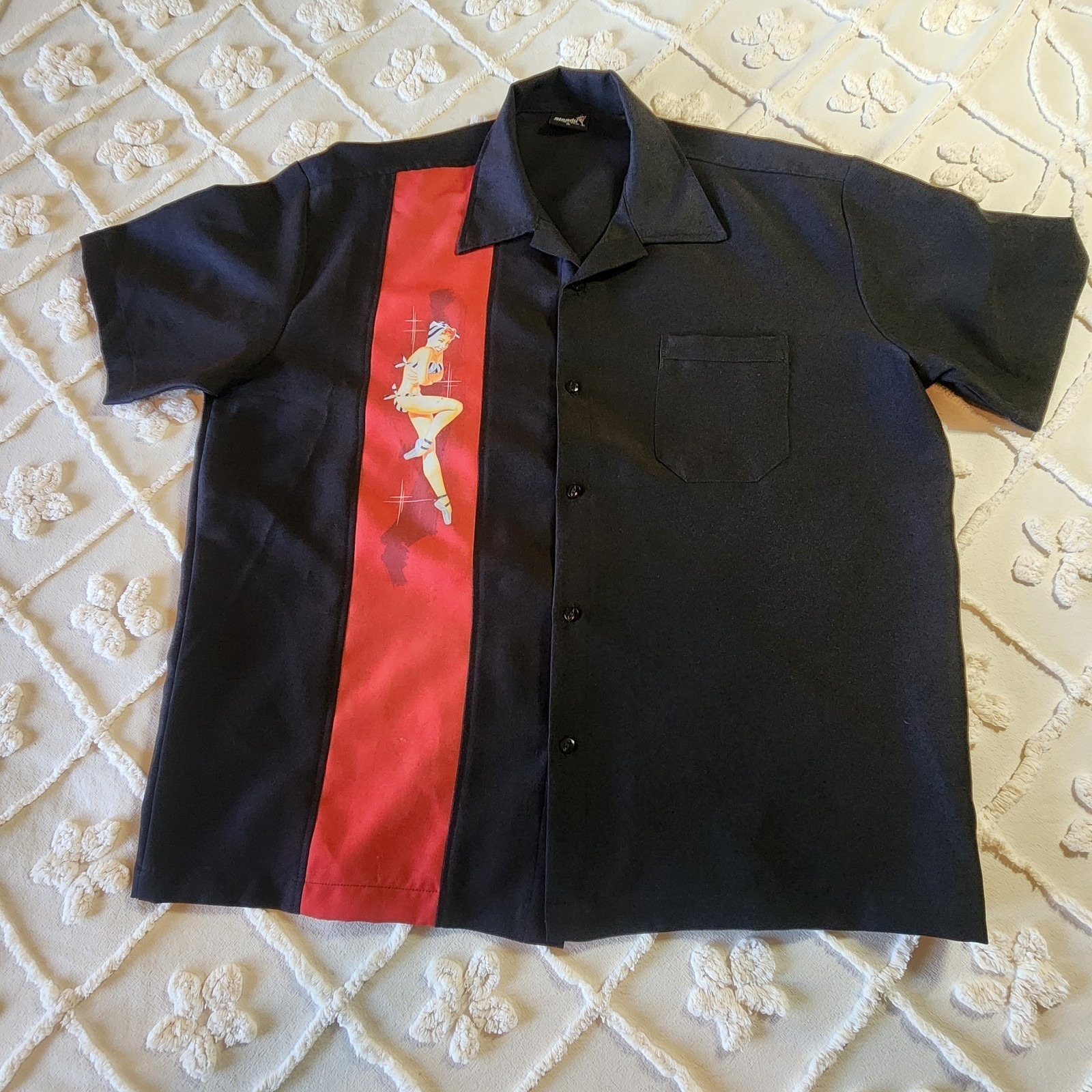 Vintage Steady Last Call Classics Bowling Shirt Xl Black & Red W/ Pin Up Girl
